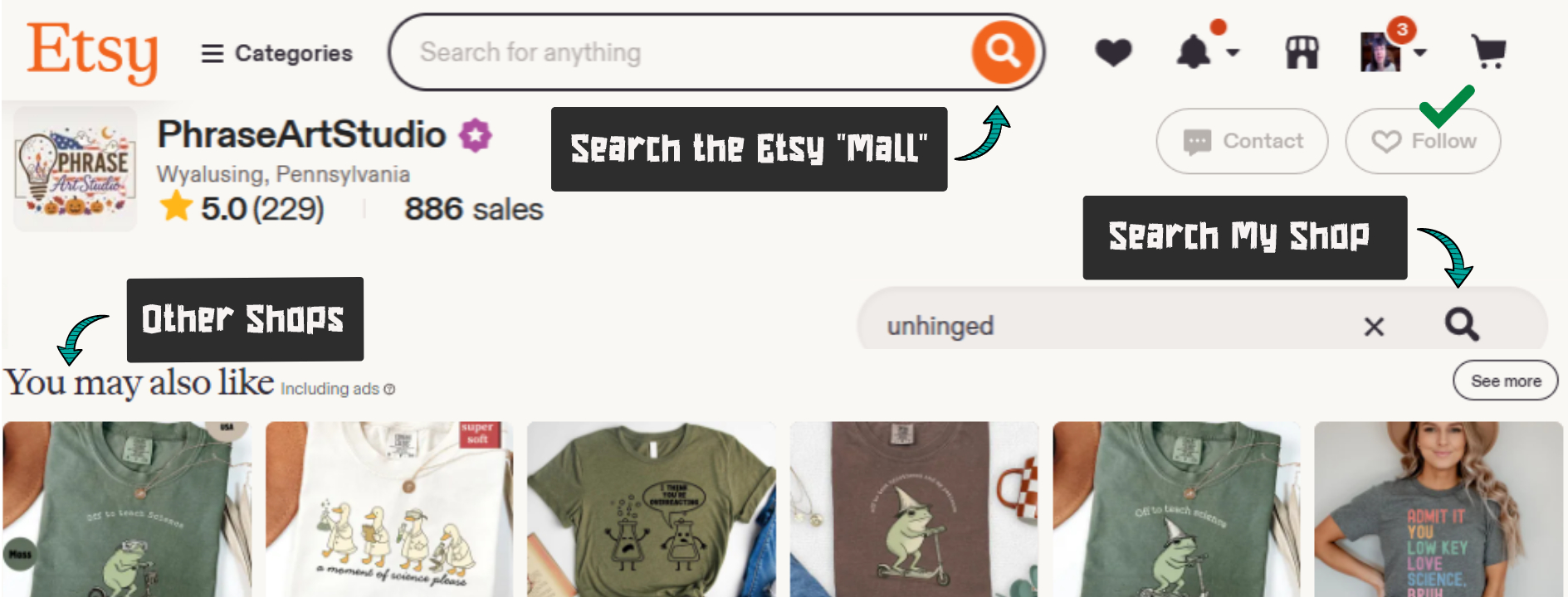 Etsy search guide showing the difference between searching Etsy for other shops and searching PhraseArtStudio for more designs from this shop.